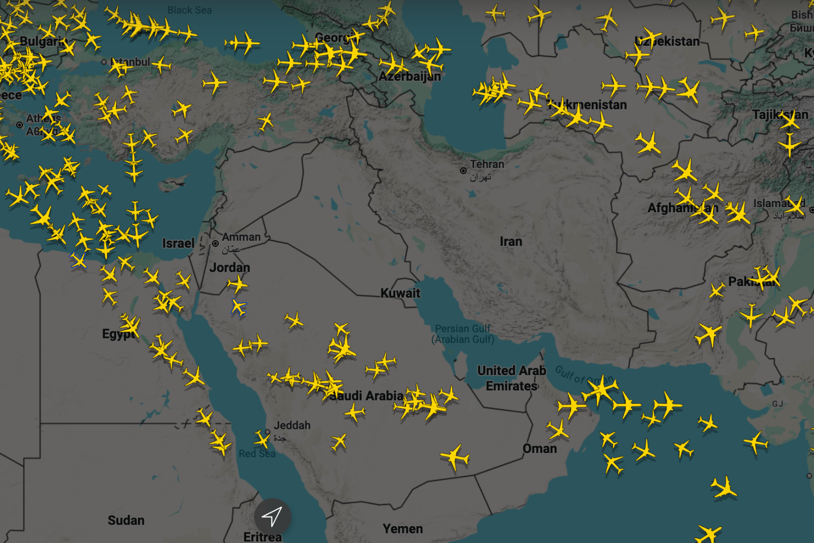 screenshot of airspace closures in Middle East on Feb. 28